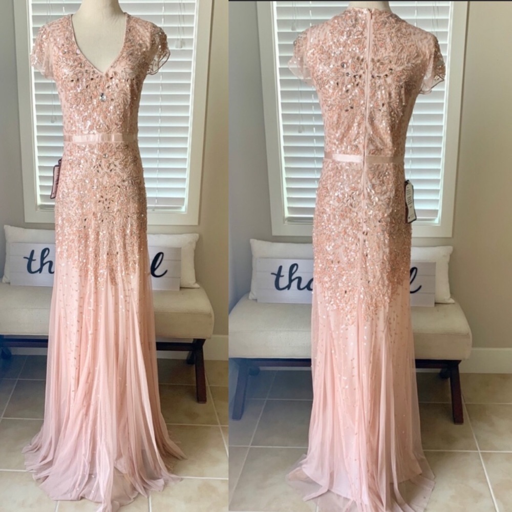 Adrianna Papell beaded cap sleeves V-neck waistband long Dress - Picture 4 of 9